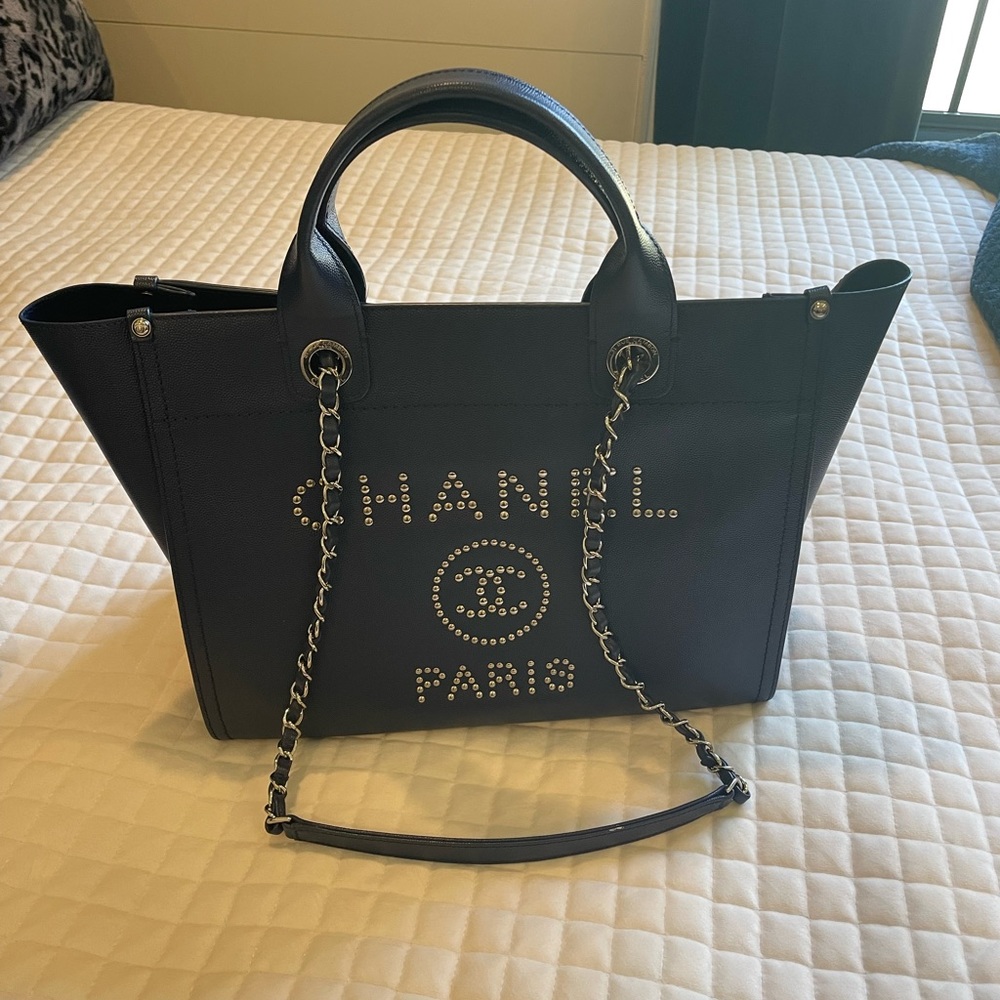 SOLD Chanel Navy Blue Silver Leather Deauville Handbag like new